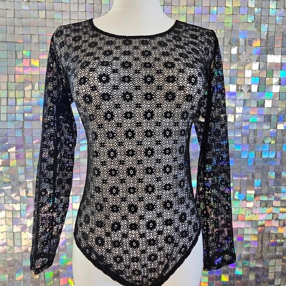 Victoria's Secret Tops - Black Floral Lace Long Sleeve Bodysuit Sexy See Through Top